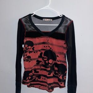 VTG S/M Threads Black and Red Long Sleeve Top with Mesh